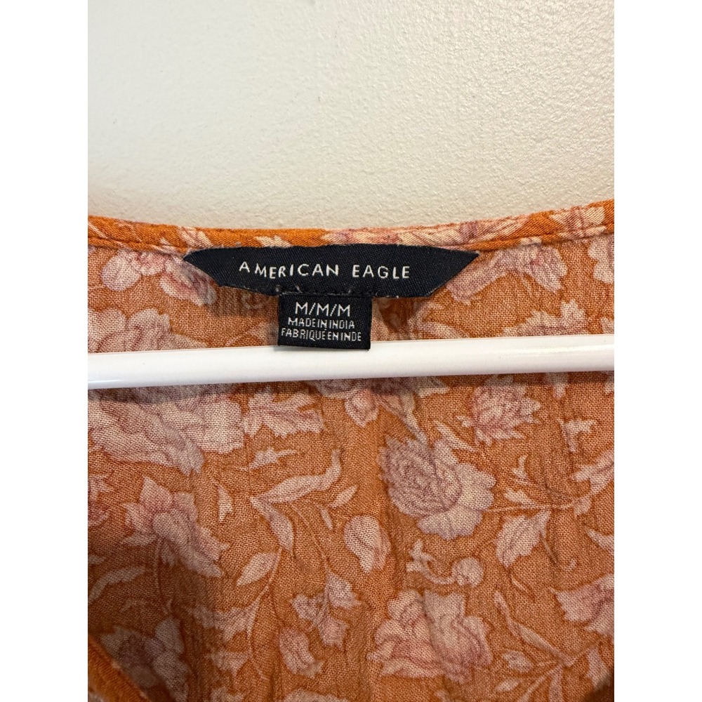 American Eagle Floral Tie Front Bell Sleeve Crop Top Rust Orange Boho Womens M - Picture 2 of 8